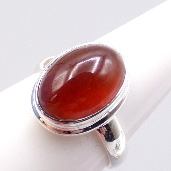 Hessonite garnet ring oval cabochon bezel set 925 silver size 59, XV60.3