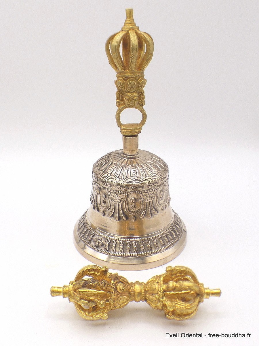Cloche Dorje Tibetain 19 cm en Bronze Patine Or, Ceremonie Temple Rituel Dovaj24