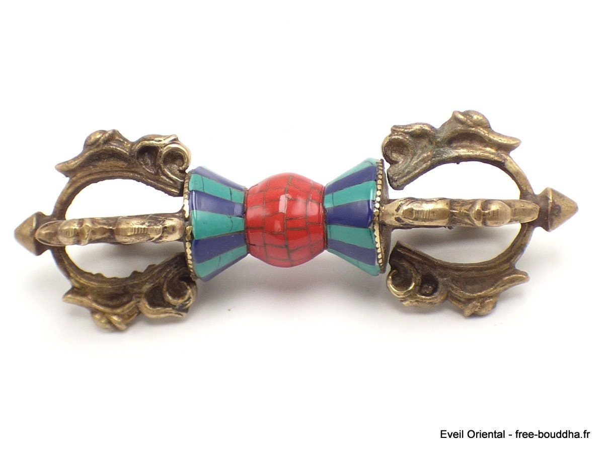 Dorje Vajra Bouddhiste 4 Branches 14 cm Laiton et Turquoise, Dorje Tibétain, Dpa5