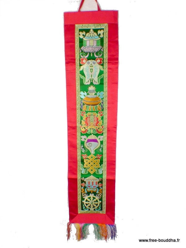 Tenture Bouddhiste Tissée 8 Signes Auspicieux Rouge Verte, Haute Qualité, Hqten3