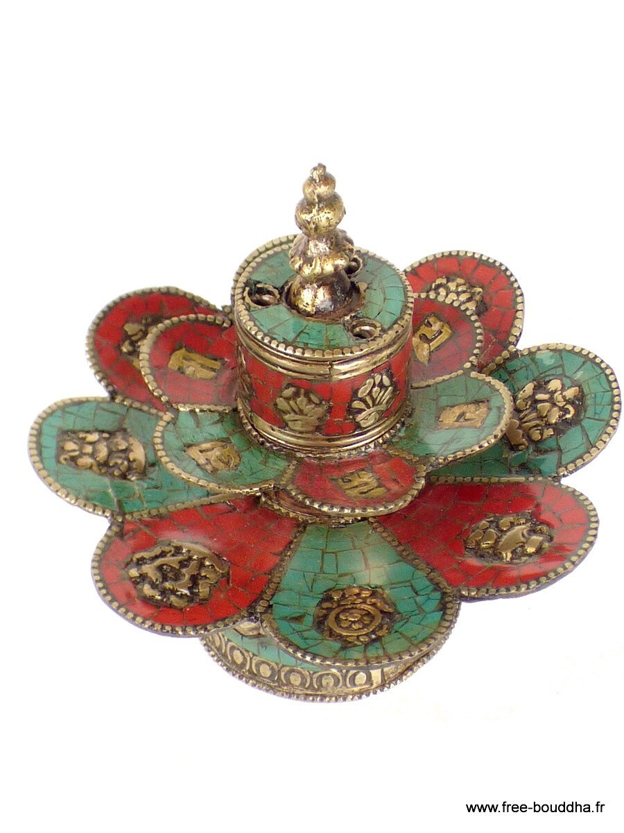 Porte Encens Tibétain Doubles Lotus en Cuivre Turquoise Corail, Dblesa5