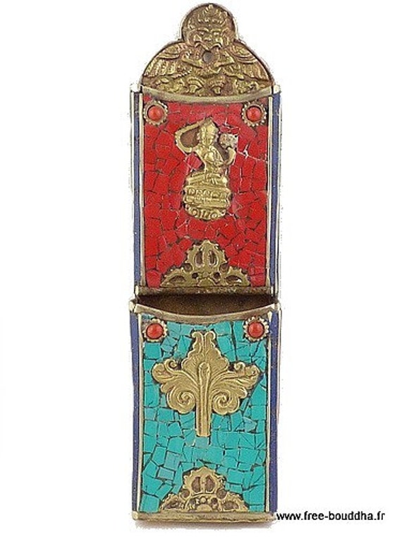 Porte Encens Tibétain en Turquoise et Corail Fait Main, Porte Style Bouddhiste, Pst1