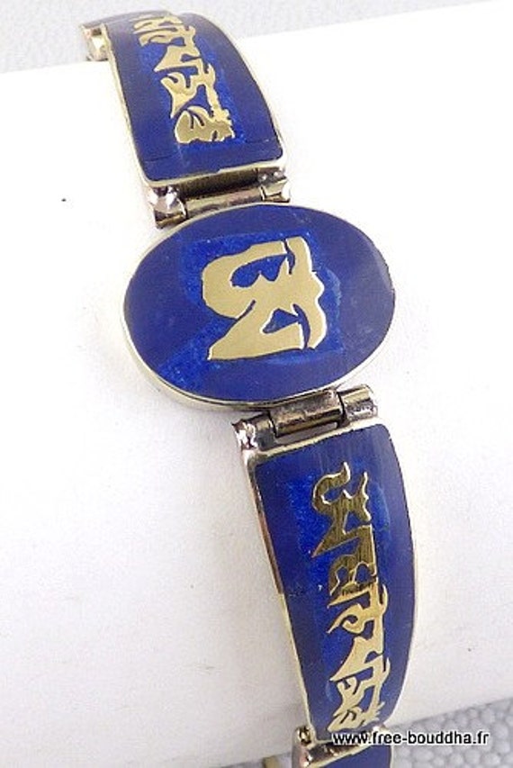 Bracelet Tibetain Om Lapis Lazuli Tibetain Bouddhiste Roue Du Dharma Meditation Ref Bt46.2