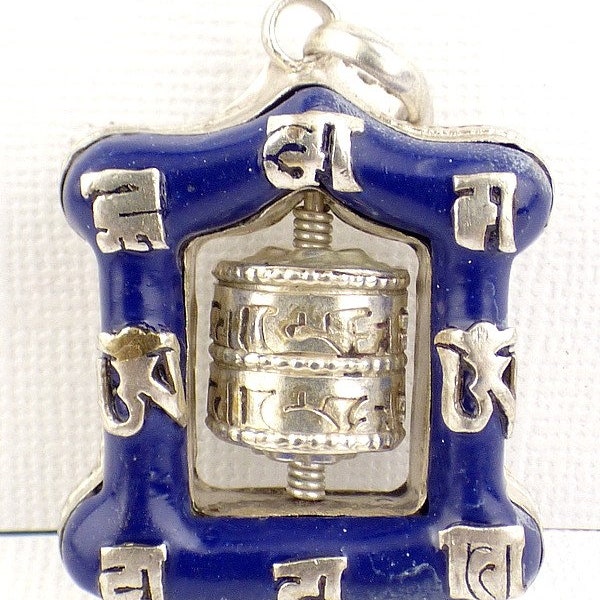 Pendentif couple Moulin à prières tibétain métal et lapis lazuli, FC8.1