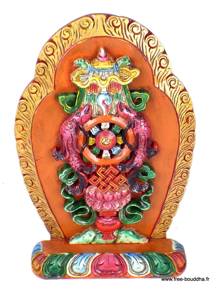 Sculpture Tibétaine sur Bois 33 cm Signes Auspicieux Faite à La Main, Sculpt2