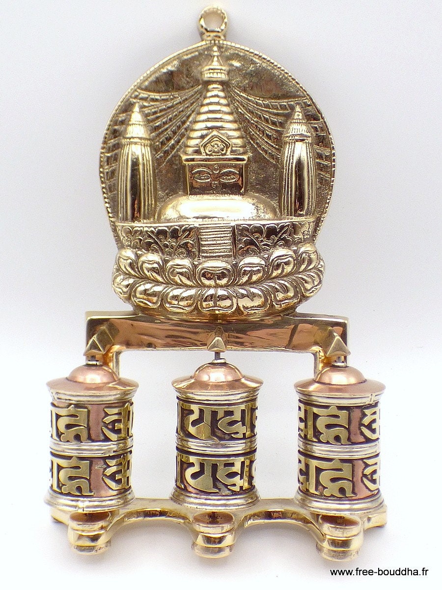 Moulin à Prières Tibétain Mural 3 Moulins en Laiton et Cuivre, Mapt12