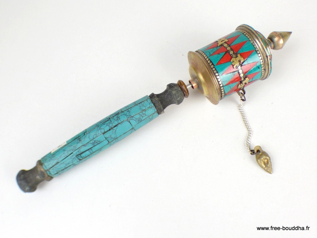 Moulin de Prieres Bouddhiste 21 cm Serti de Pierres, Moulin à Prières Main Tibétain, 7001.3