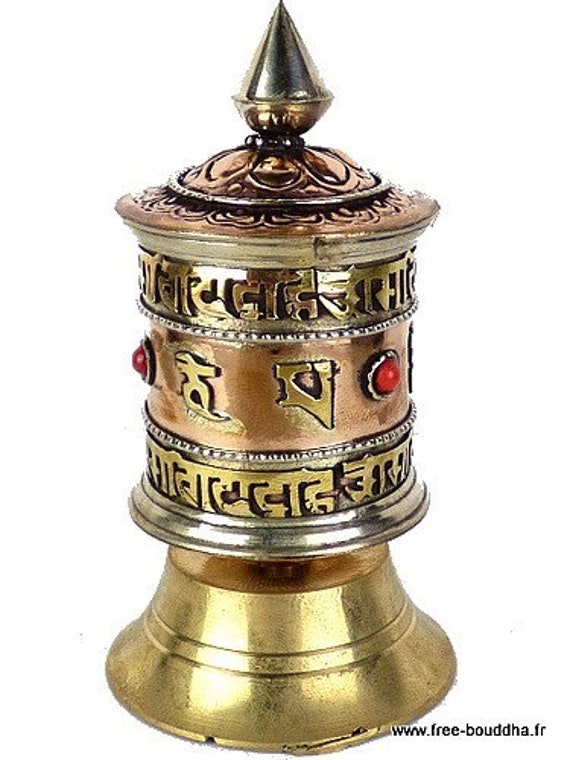 Petit Moulin à Prière Bouddhiste 10 cm, Prieres Tibetain Cuivre et Laiton, Pmap4