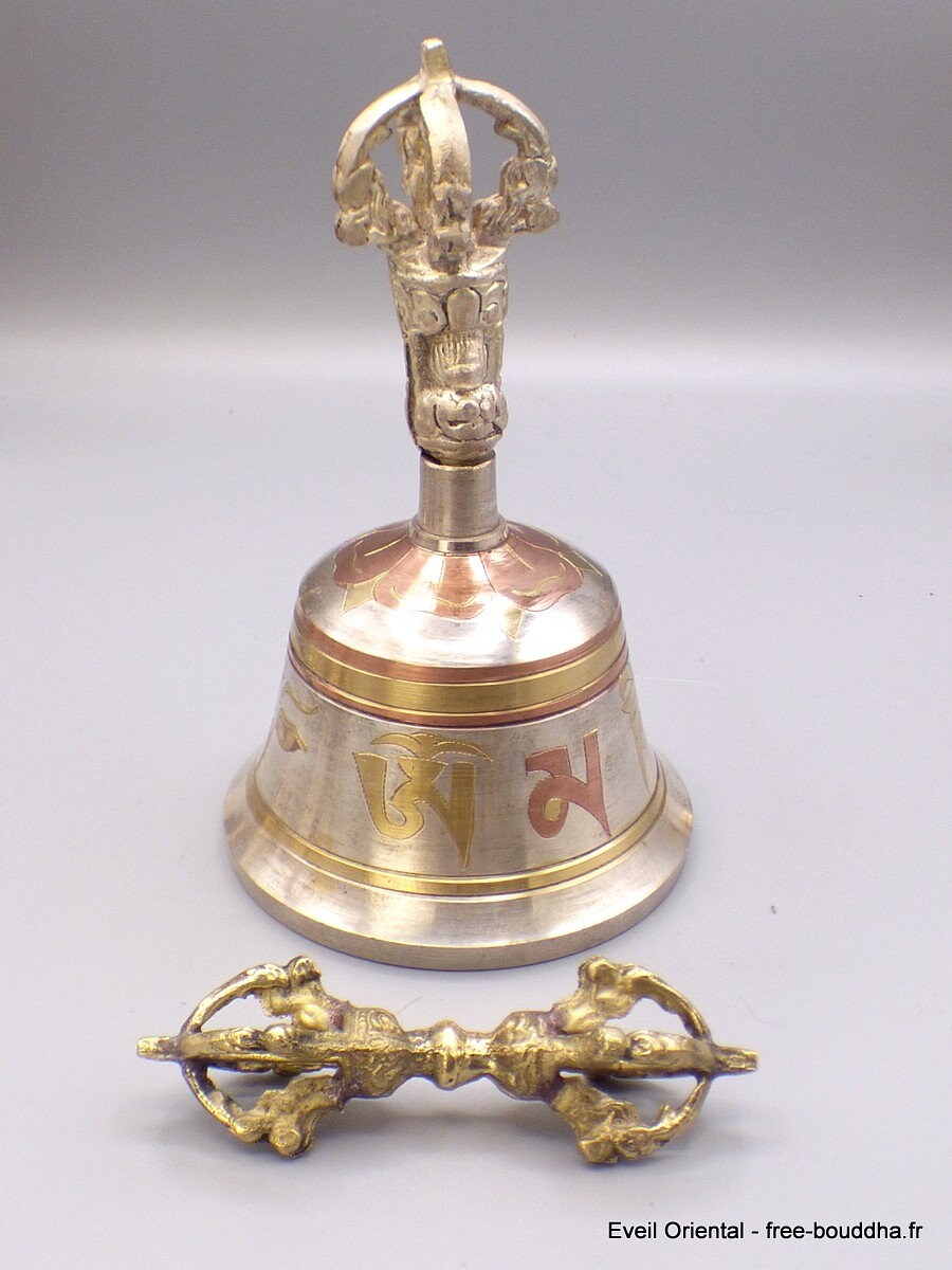 Cloche et Dorje Tibétain Bouddhiste Bronze Plaqué Argent Yeux Du Bouddha Chenrezi 15 cm, Cedor5