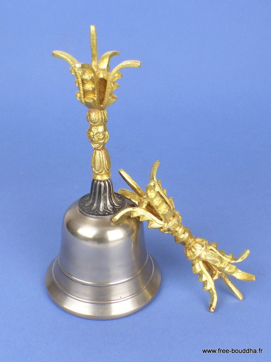 Cloche Tibétaine et Dorjé Bronze Plaqué Or 20 cm, Clo6
