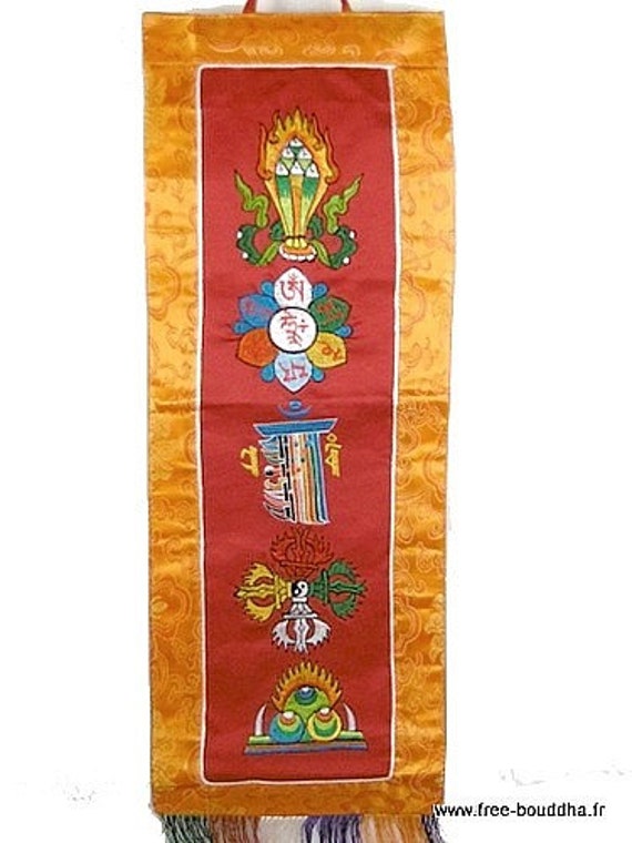 Tenture Bouddhiste Cinq Symboles Tangka Tenture Murale Bouddhiste Méditation Décoration Tibetaine Re