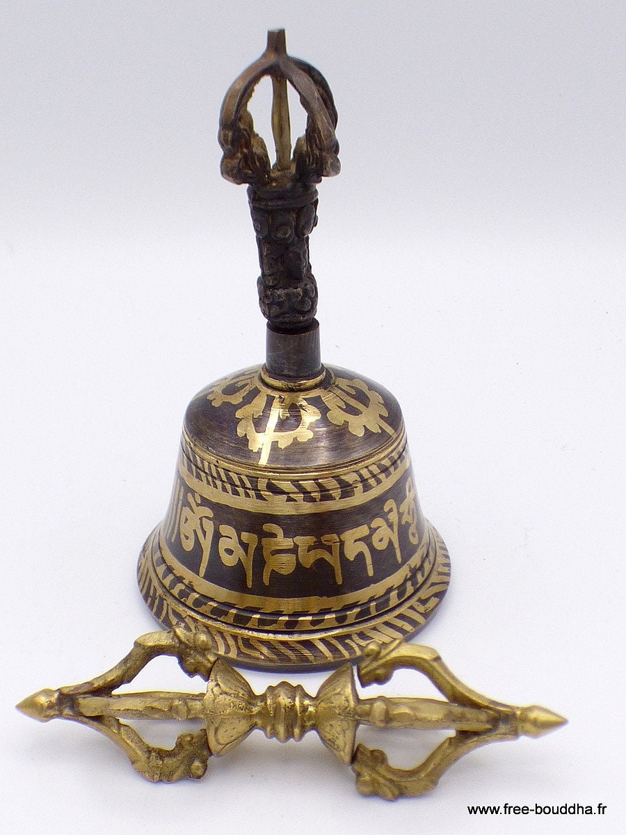 Cloche Tibétaine et Dorjé Marron en Bronze 15 cm, Etch4