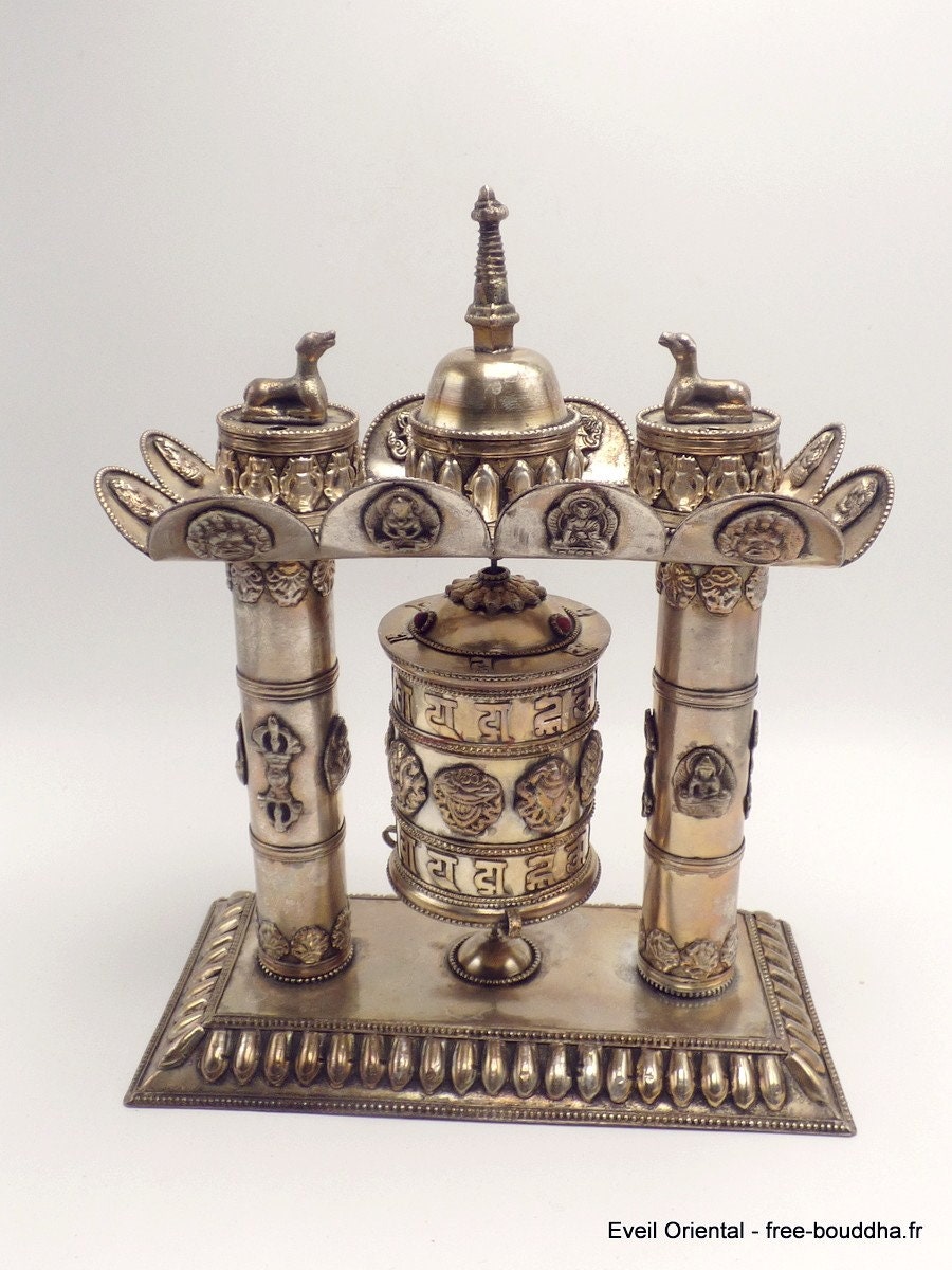 Rare Moulin à Prières Bouddhiste Plaqué Argent, Silver Plated Table Prayer Wheel, Mapt4