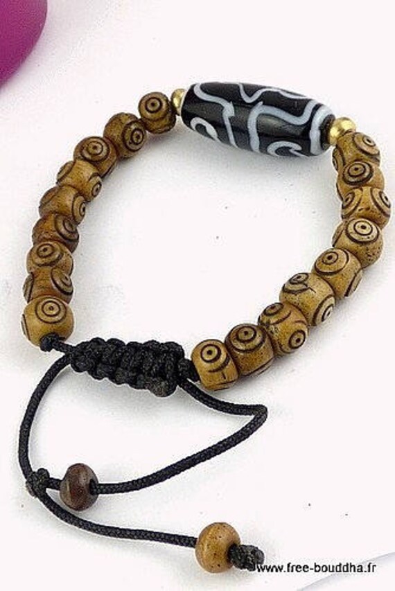 Bracelet Mala Tibetain Os de Yak Perle Dzi, Meditation Bijou Tibetain Bouddhiste Ethnique Brtib5