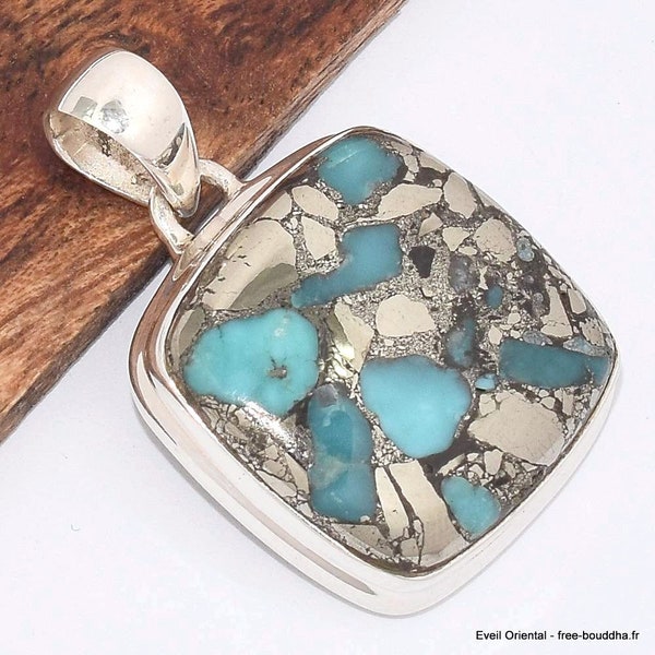 PENDENTIF TURQUOISE mohave avec PYRITE carrée argent 925 BK72.7