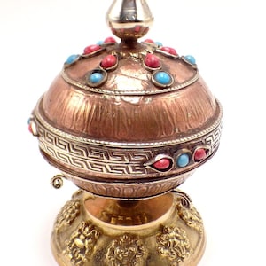 Tibetan spherical prayer wheel details on base, 13 cm, MAPT52