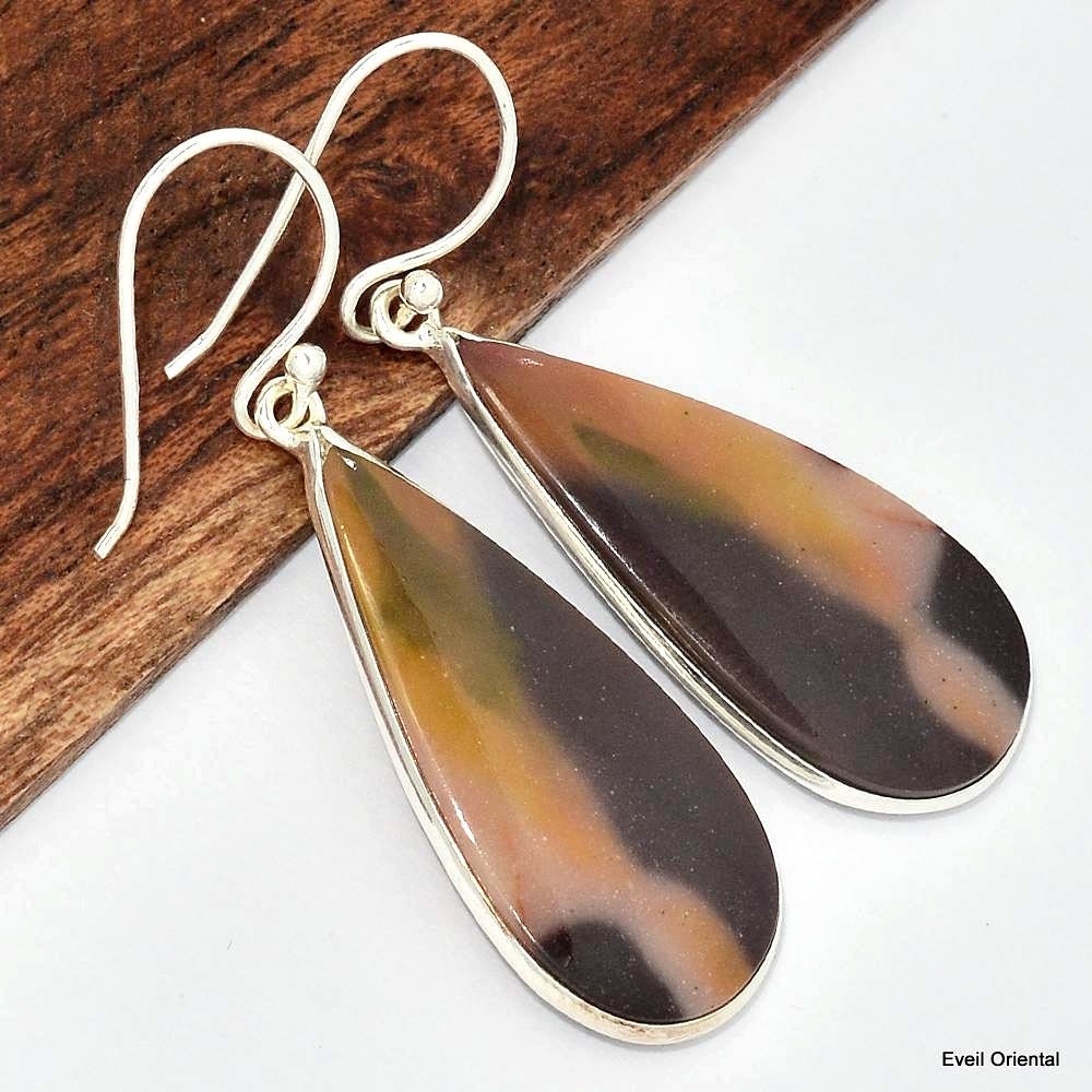 JASPE MOKAITE Natural Stone Drop Earrings 925 Silver, KC103