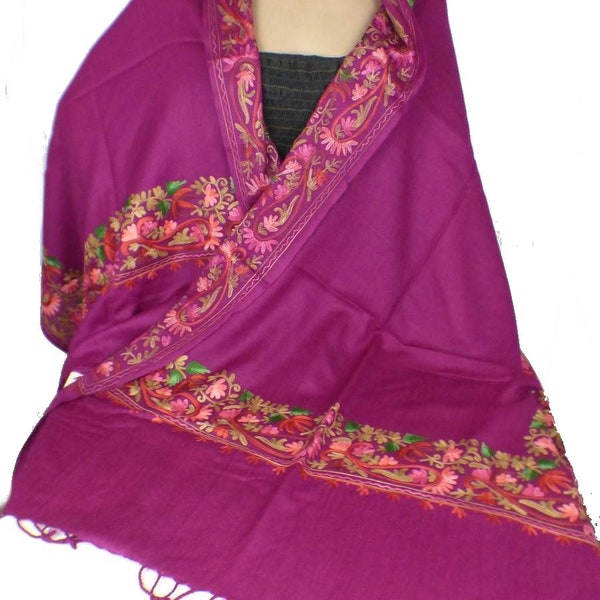 GRAND CHALE PRUNE femme en laine fine brodée perles et fils, pashmina rouge, NCT22