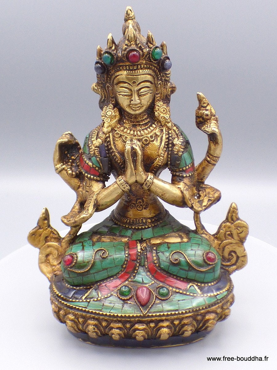 statue Chenrezi en Laiton Sertie de Pierres Naturelles, 6048.2