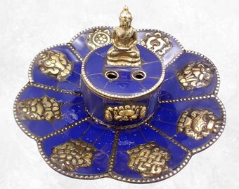 TIBETAN Buddhist INCENSE HOLDER set with lapis lazuli, PETU11