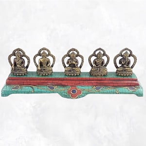 Statuette of 5 turquoise brass Buddhas