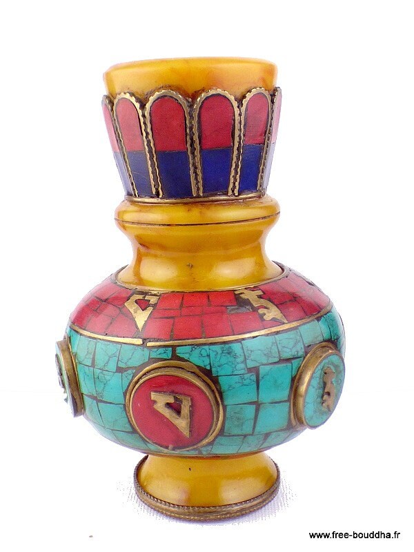 Vase Tibétain Bouddhiste Ambre, Turquoise et Corail, Artisanat Népalais, Vas2