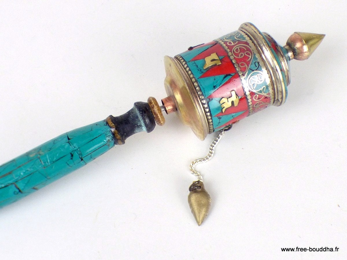 Moulin de Prieres Bouddhiste 21 cm Serti de Pierres et Filigrane, Moulin à Prières Main Tibétain, Mo