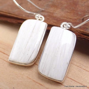 WHITE SCOLECITE earrings, rectangle shape, 925 silver, scolecit earrings, scolecite jewelry, YM60.4