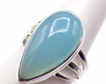 Blue CHALCEDOINE RING drop shape 3 rings size 55 silver 925, xv56.7