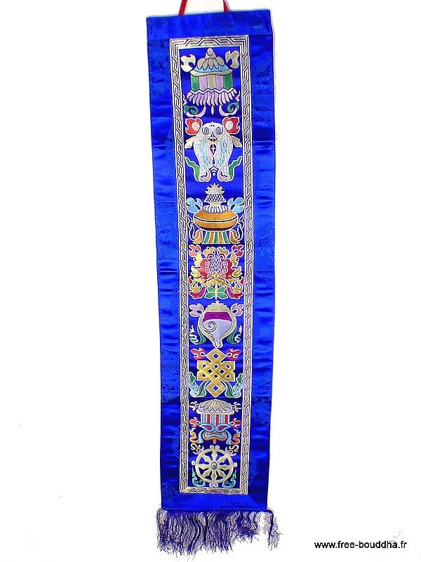 Tenture Bouddhiste Tissée 8 Signes Bon Augure Bleue Haute Qualité, Hqten5