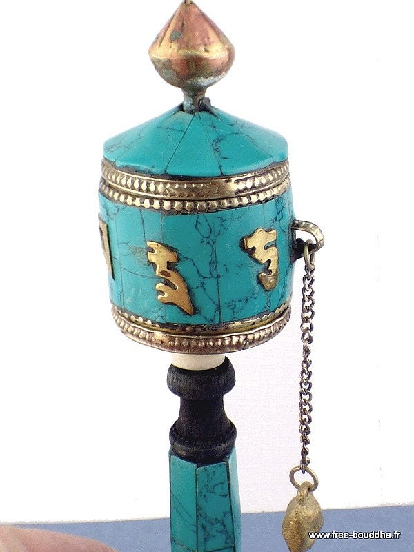 Petit Moulin à Prières en Turquoise Fait Main, 16 cm, Tibétain Bouddhiste, 6111.15