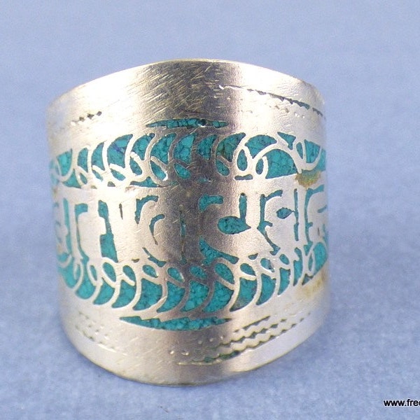 Bague tibétaine couple Chenrezi fond turquoise métal blanc, ref210