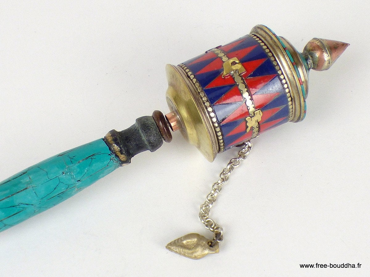 Moulin de Prieres Bouddhiste 21 cm Serti de Pierres, Moulin à Prières Main Tibétain, 7001.4