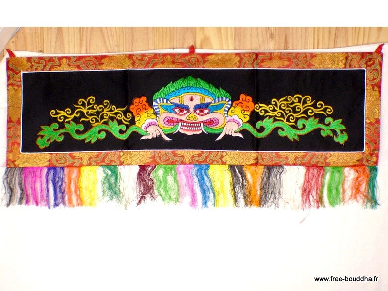 Tenture Tibetaine Bouddhiste Mahakala Noire en Coton Brodé, Tenture Bouddhiste, Gardien Du Dharma, M