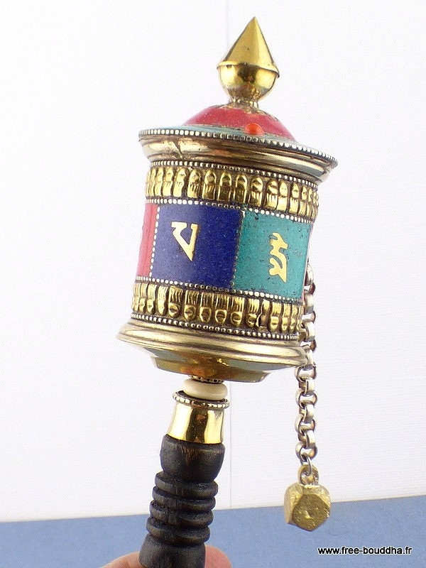Moulin de Prieres Bouddhiste 21 cm Tricolore Fait Main, Moulin A Prières Tibétain, Mapz17