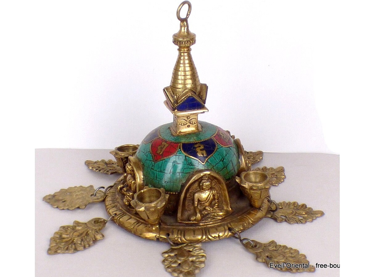 stupa Tibétain Laiton et Pierres Naturelles, Décoration Feuilles Ref 82