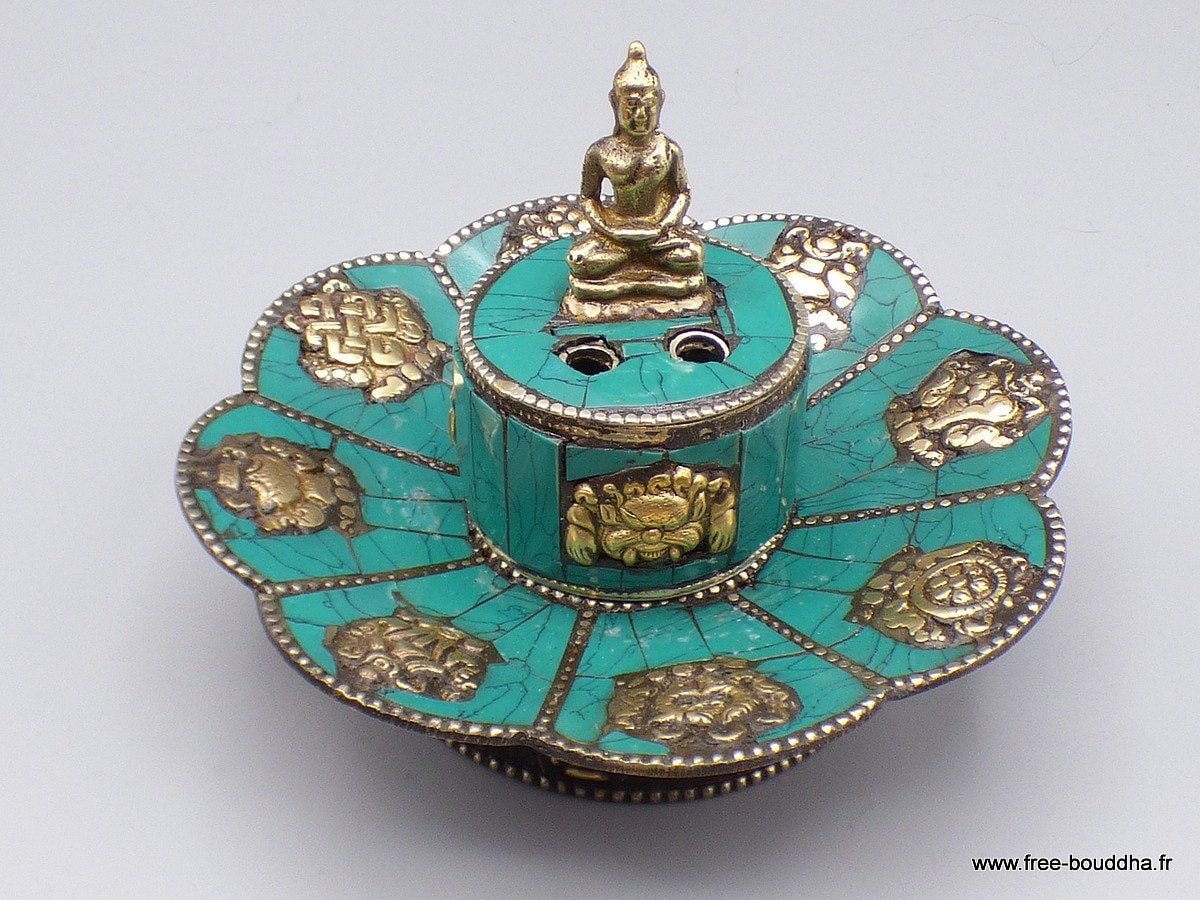 Porte Encens Tibétain Lotus en Cuivre et Turquoise Bouddha, Petu2