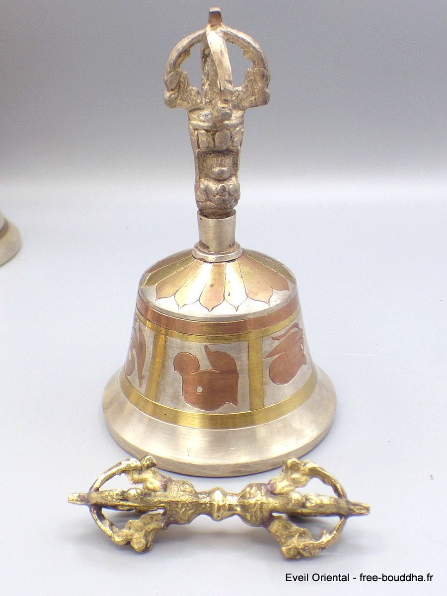 Cloche Tibétaine Dorje Bouddhiste Bronze Plaqué Argent Chenrezi 15 cm, Cedor4