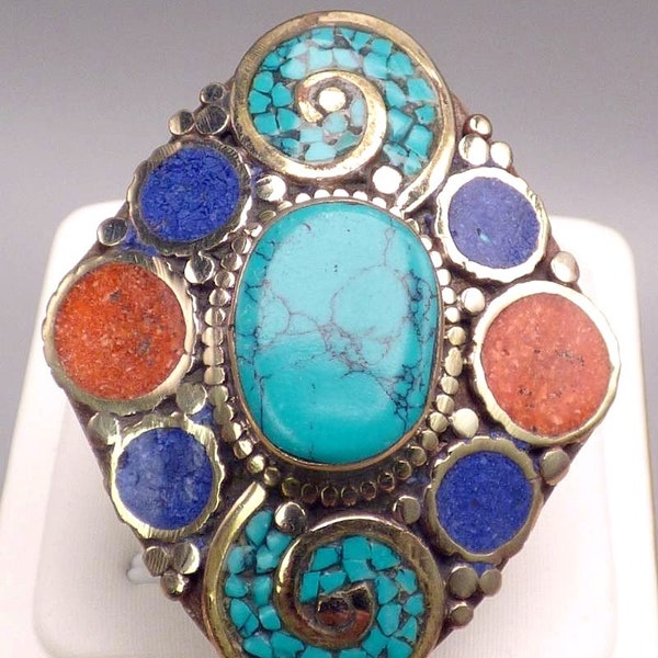 LARGE TIBETAN RING imitation Turquoise, metal and resin, traditional ring size 60 to 66, GBT12