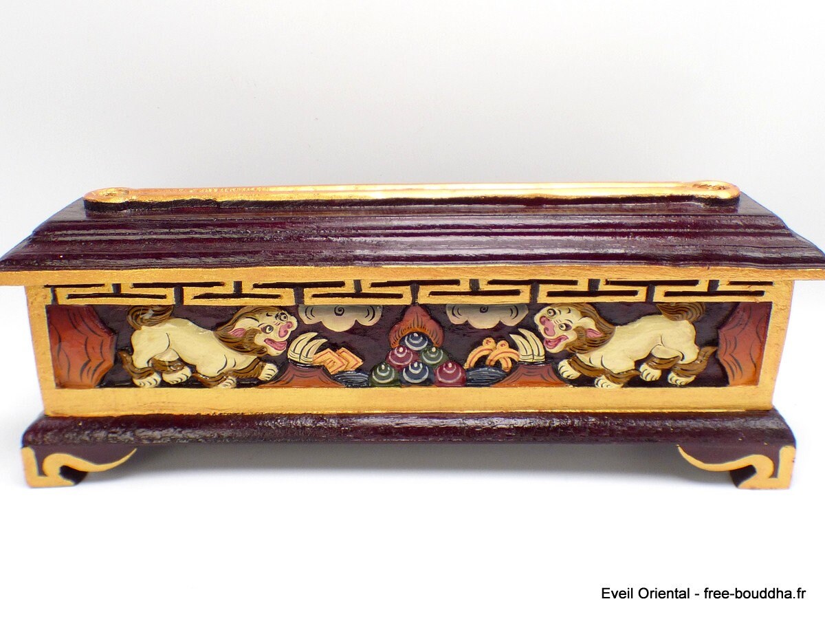 Bruleur d'encens Bouddhiste Fait Main en Bois Lions Des Neiges, Made in Nepal, Pebd2