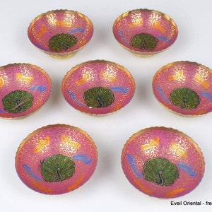 BUDDHIST OFFERING BOWLS brass cloisonné enamel style Pink, BOLEM8