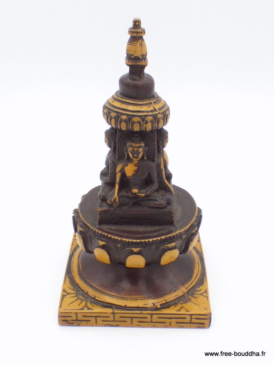 Stupa Statuette Bouddhiste 4 Bouddhas Résine Patine Ancienne, Stupan6