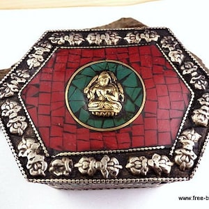 Tibetan MANJUSHRI JEWELRY BOX, made of metal and natural stones, pill box, Tibetan crafts, Buddhist decoration BAT12