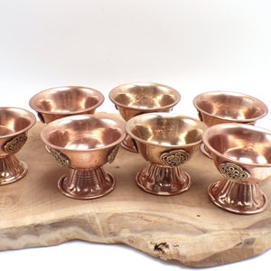 Tibetan offering bowls on copper stand with symbols 5 cm, BOLsp