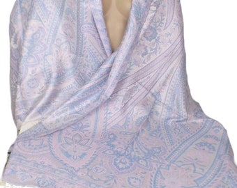 CHALE EN SOIE 100 % authentique pashmina bleu rose argent, CSS10