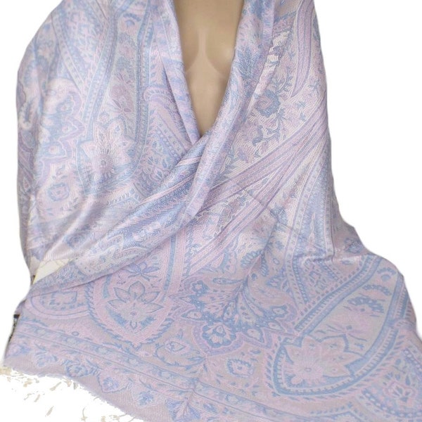 CHALE EN SOIE 100 % authentique pashmina bleu rose argent, CSS10