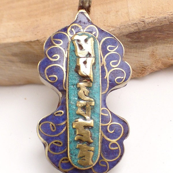 PENDENTIF TIBETAIN forme DORDJE Bouddhiste imitation lapis lazuli turquoise, BHP44.5