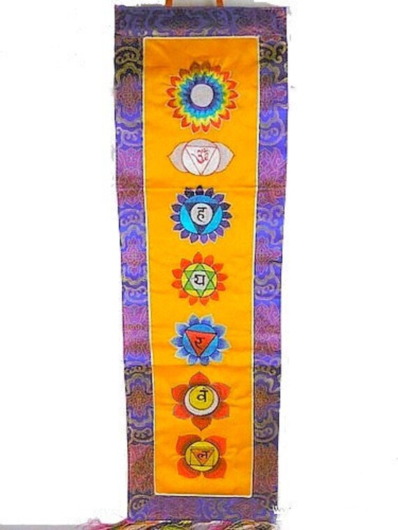 Tenture Tibetaine Sept Chakras Safran Tangka Bouddhisme Reiki Méditation Décoration Tibetaine Ref Se