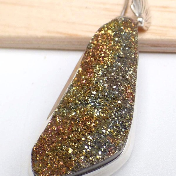 PENDENTIF PYRITE Arc-en-ciel kaki cuivre argent 925,  bijoux en pierre, bijoux en pyrite, bijoux pierre naturelle, PU82.5