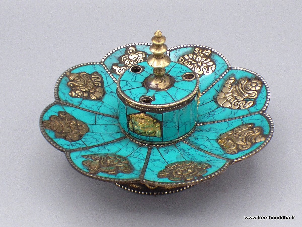 Porte Encens Tibétain Lotus en Cuivre et Turquoise, Petu1